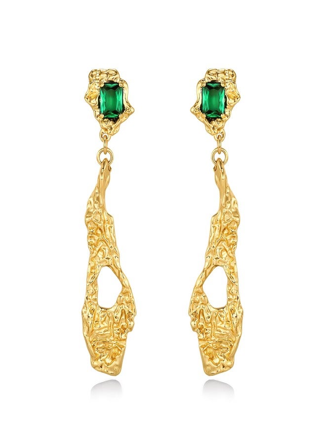 SNGIA 18K gold plated Abstract Long Chunky Vintage Boho Dangle Hammered Statement Earrings with Rectangle Green Emerald Gemstone by SNGIA, Bold Geometric Drop Handmade Exaggerated Irregular Trendy Bohemian Charm Chandelier Jewelry Gifts, Unique Dangling Teardrop Baroque Stone Summer Beach Fashion Accessories, Waterfall Vintage Thick Circular Nickle Free Huggies Hoop Earring. - Image 1